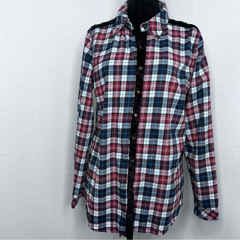 Amanda Blu Button Up Plaid Velvet Black Flannel Top Blouse 100% Cotton Size: M